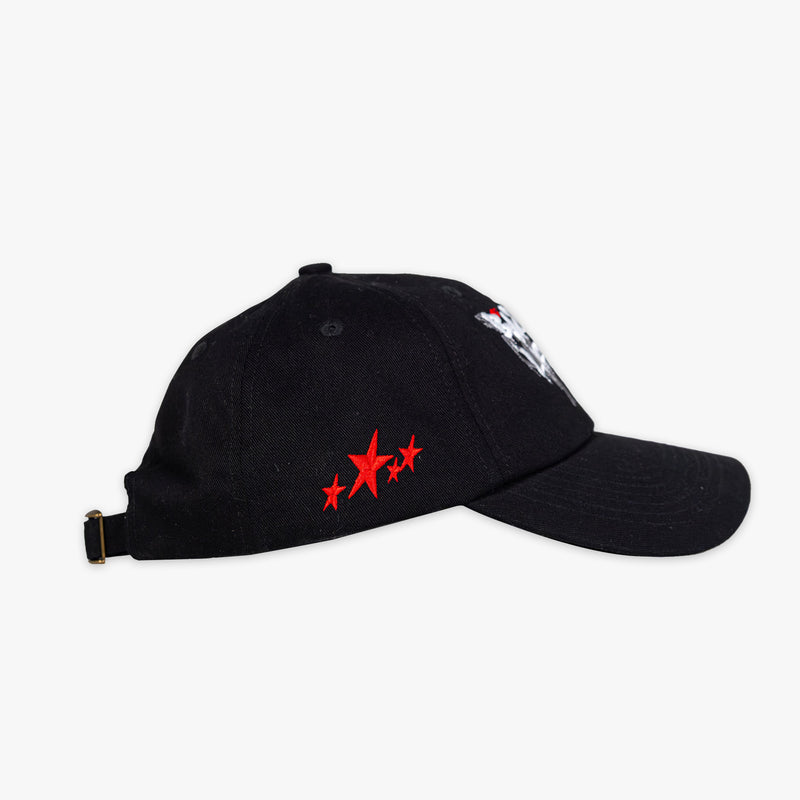 Black cap with red star designs on a white background