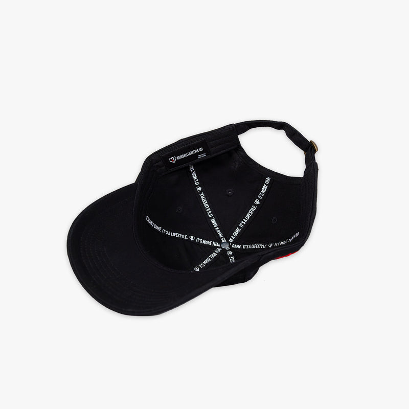 Black cap with Baseball Lifestyle 101 tag on a white background