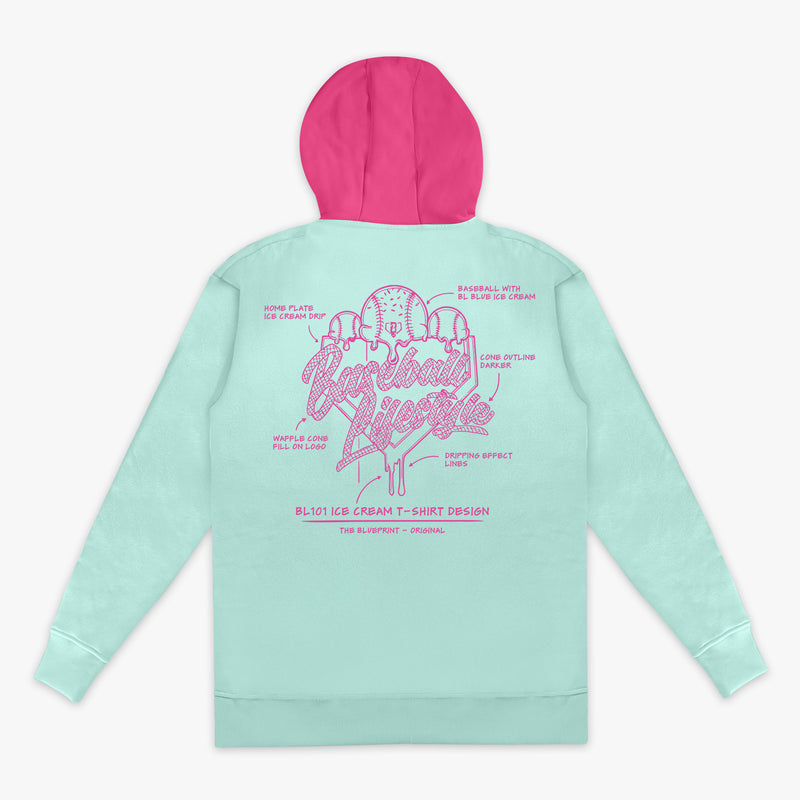 Light blue hoodie with pink hood and BL101 Ice cream graphic design on the back against a white background