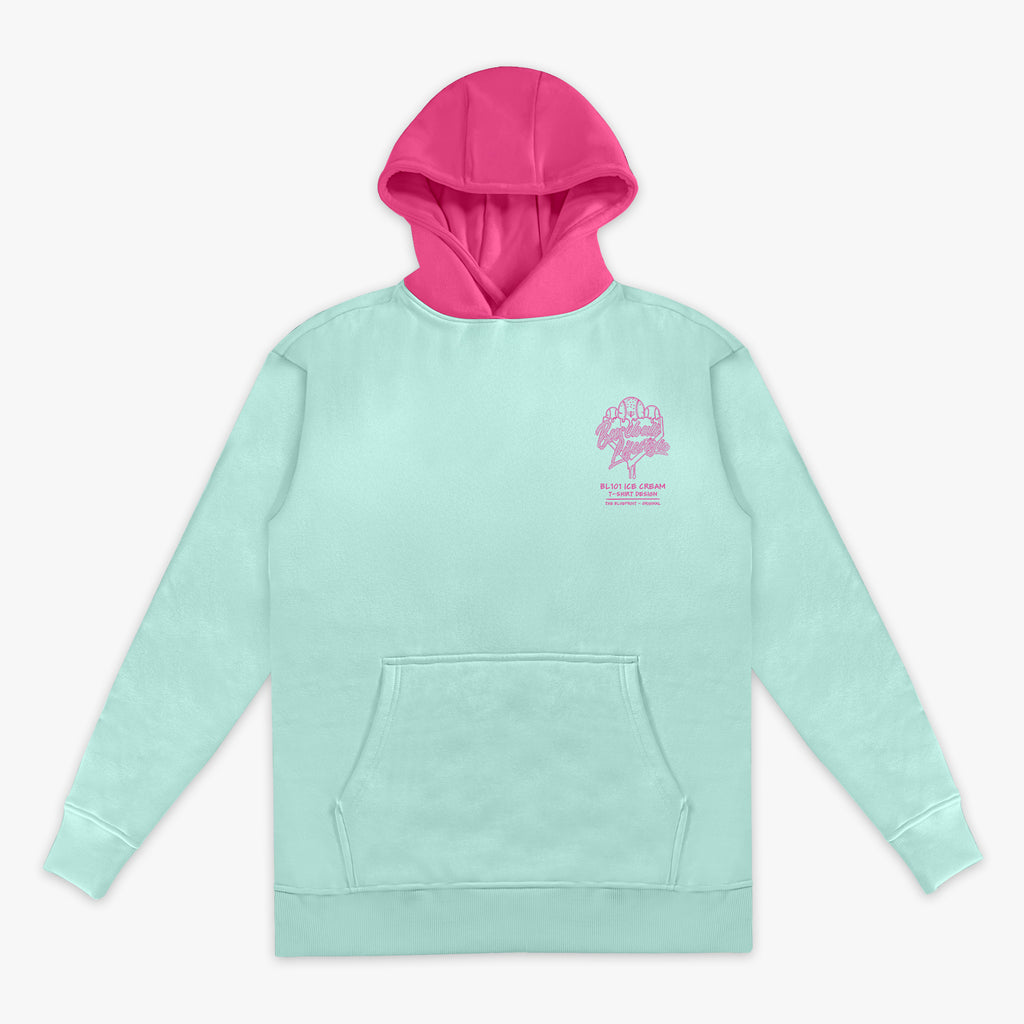 Light blue hoodie with pink hood and pink BL101 Ice cream logo on a white background