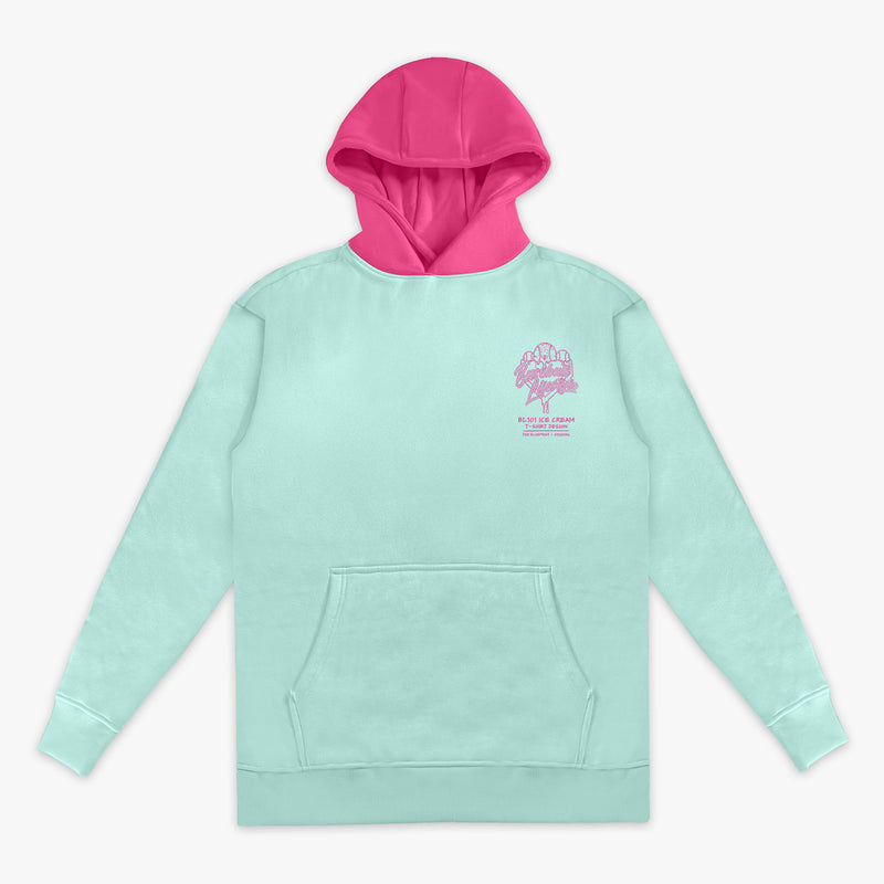 Light blue hoodie with pink hood and pink BL101 Ice cream logo on a white background