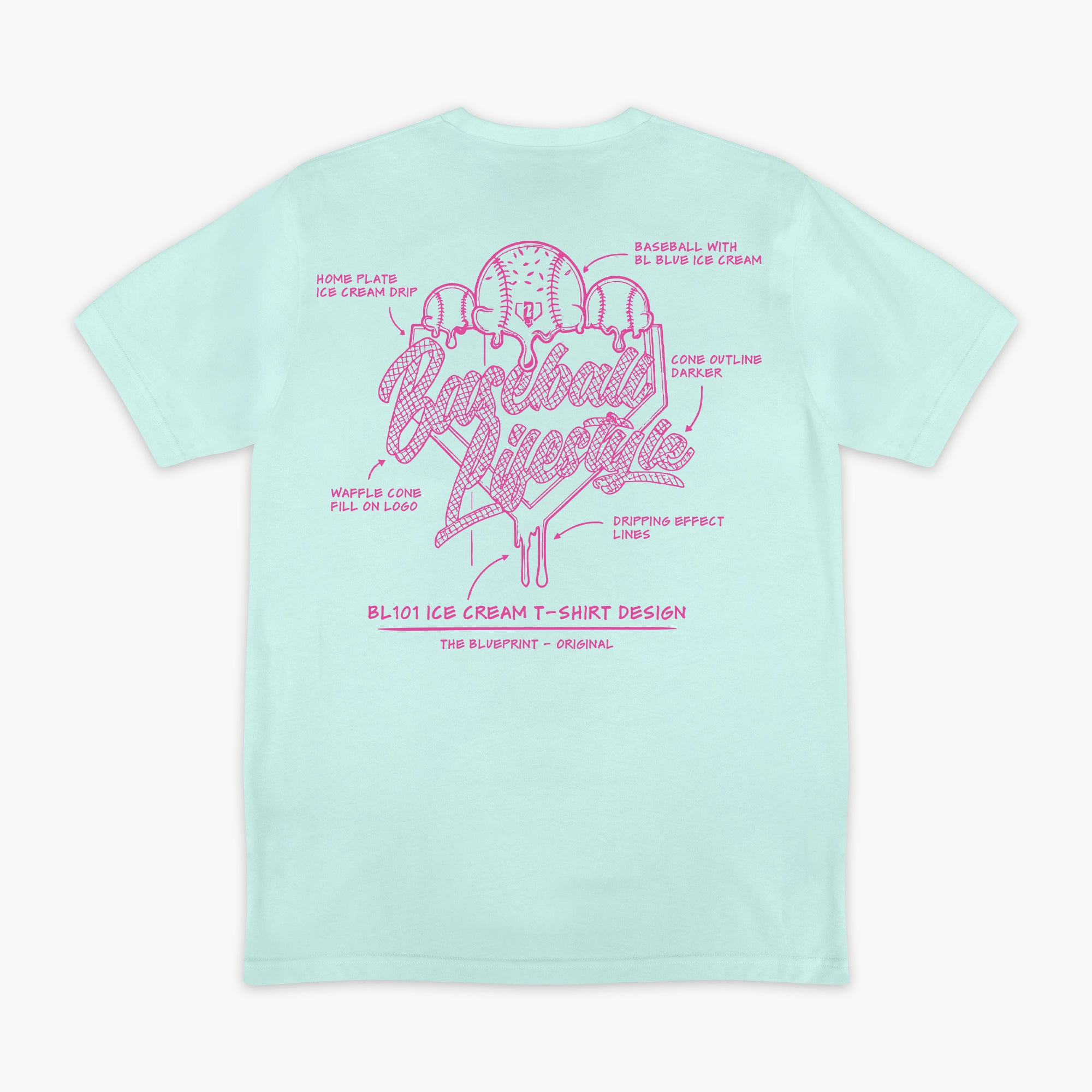 Light blue t-shirt with pink Ice cream graphic design and "Baseball Lifestyle" log on a white background