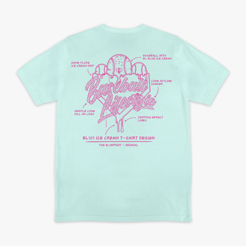 Light blue t-shirt with pink Ice cream graphic design and "Baseball Lifestyle" log on a white background