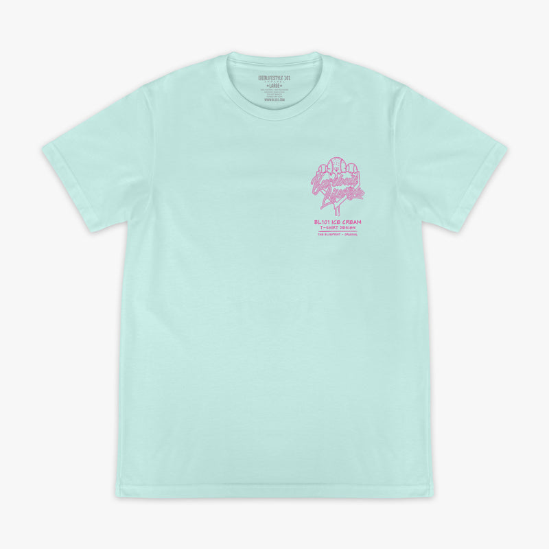 Light blue t-shirt with pink ice cream graphic and "Baseball Lifestyle 101" logo on a white background