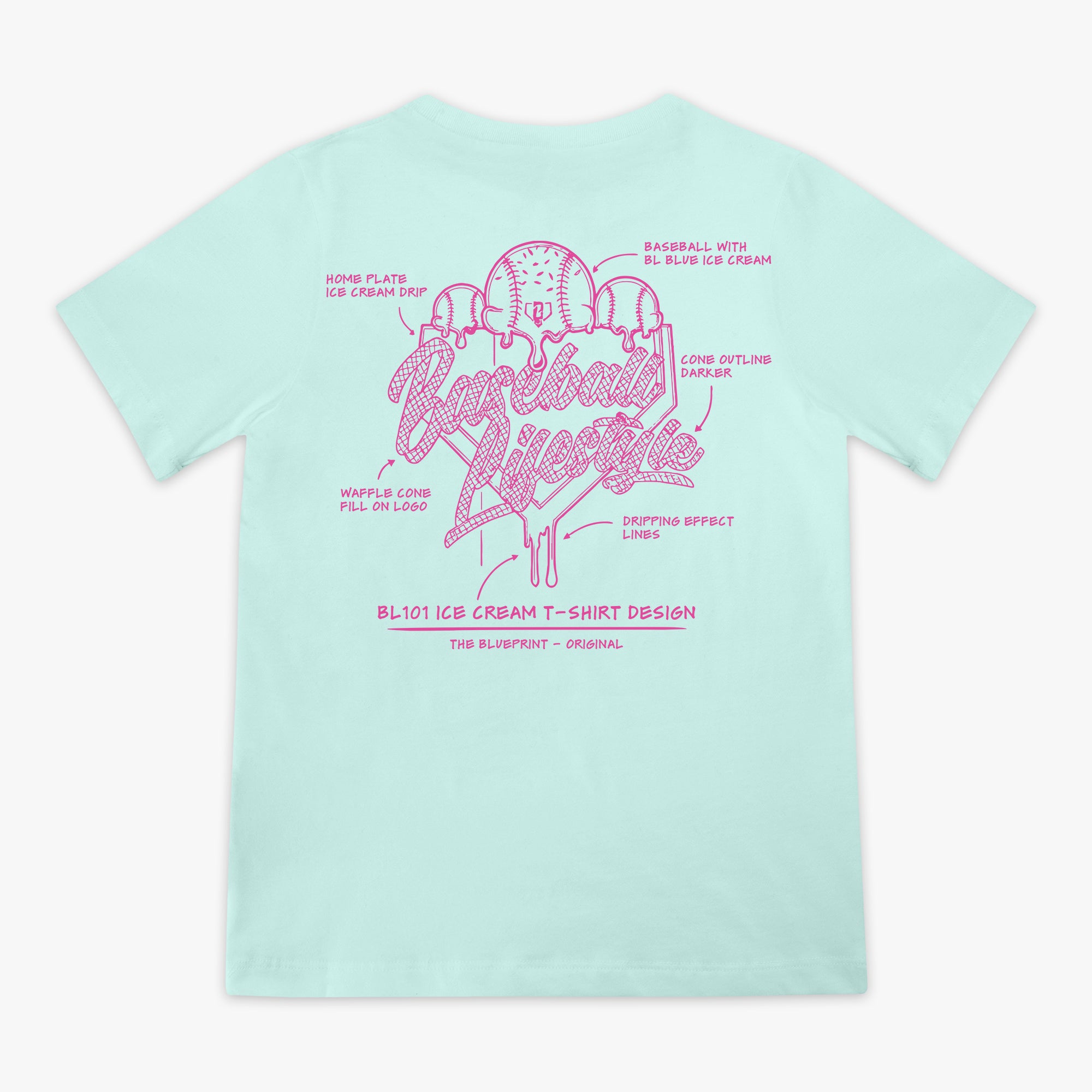 Light blue t-shirt with pink ice cream graphic and "Baseball Lifestyle 101" logo