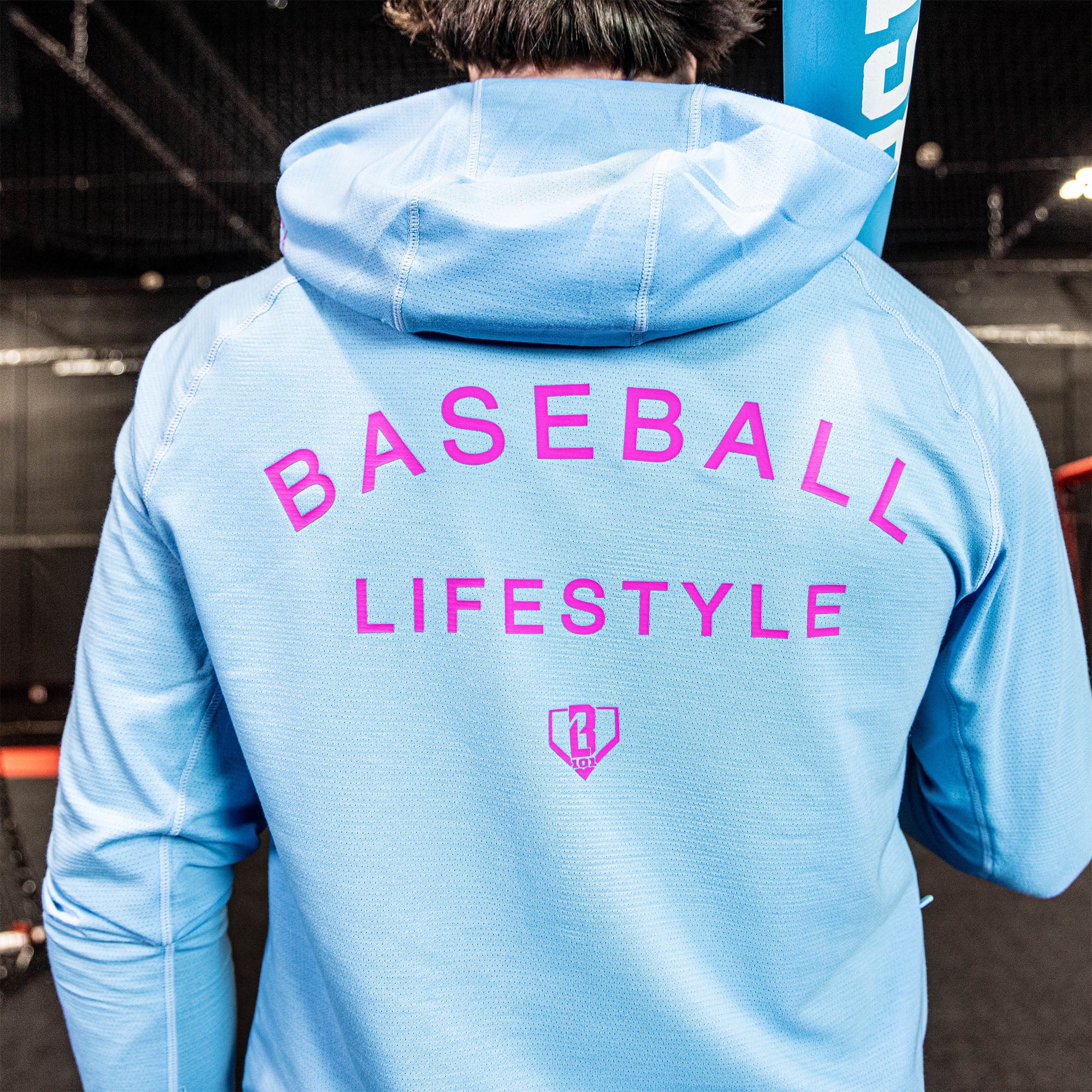 Adult model wearing blue Off-Field Cotton Candy Blue hoodie