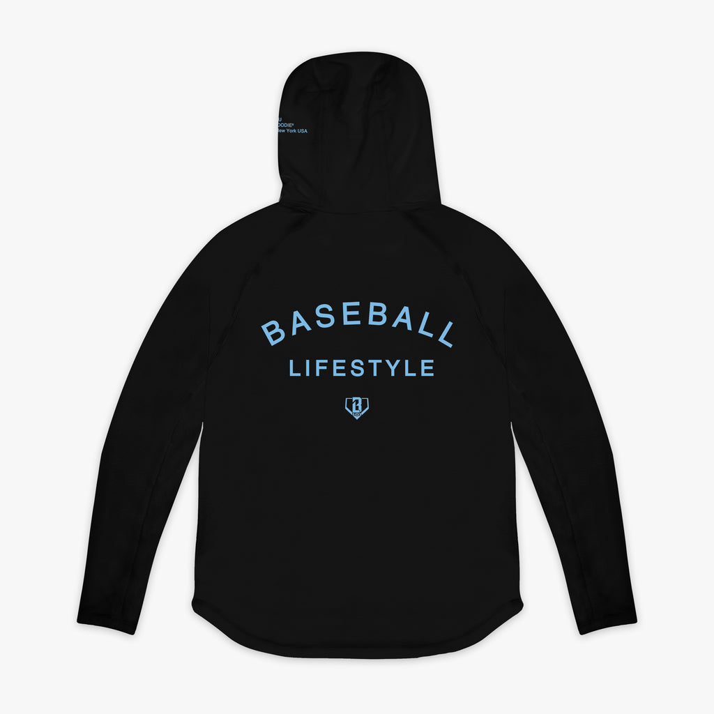 Black and light blue Off-Field youth hoodie — back view