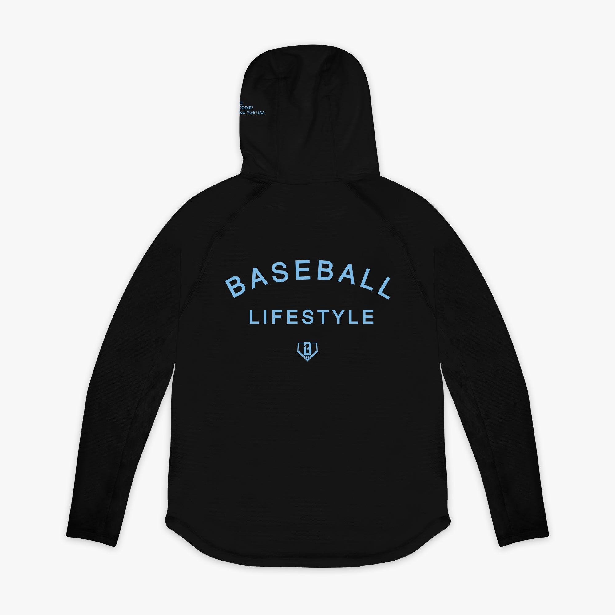 Black and light blue Off-Field youth hoodie — back view