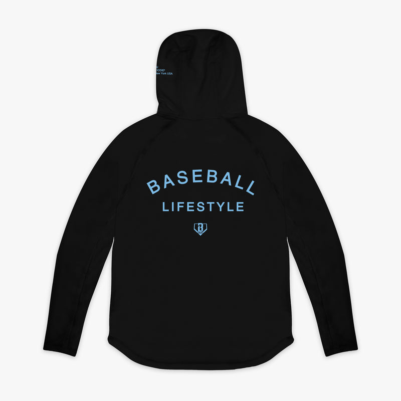 Black and light blue Off-Field youth hoodie — back view