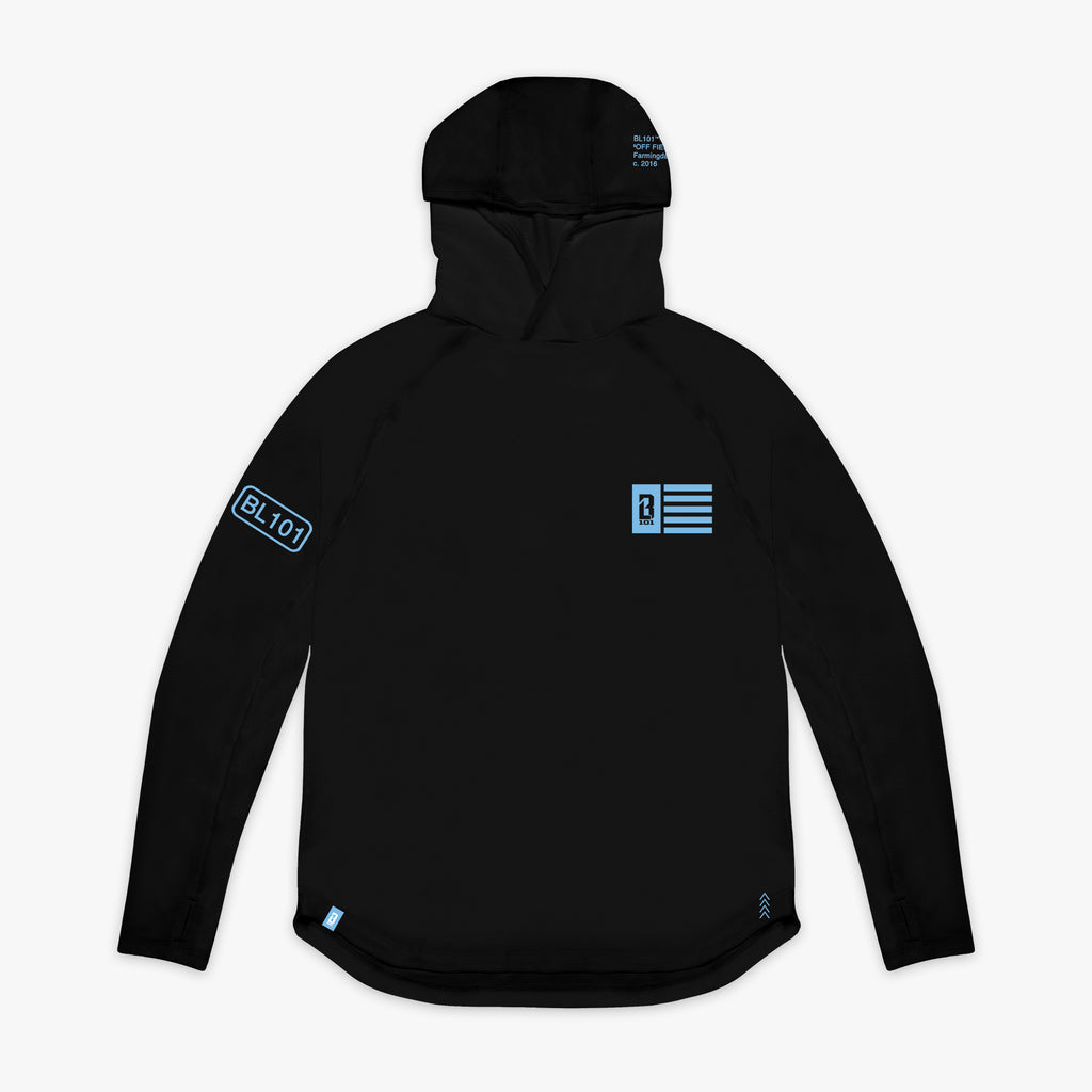 Black and light blue Off-Field youth hoodie — front view