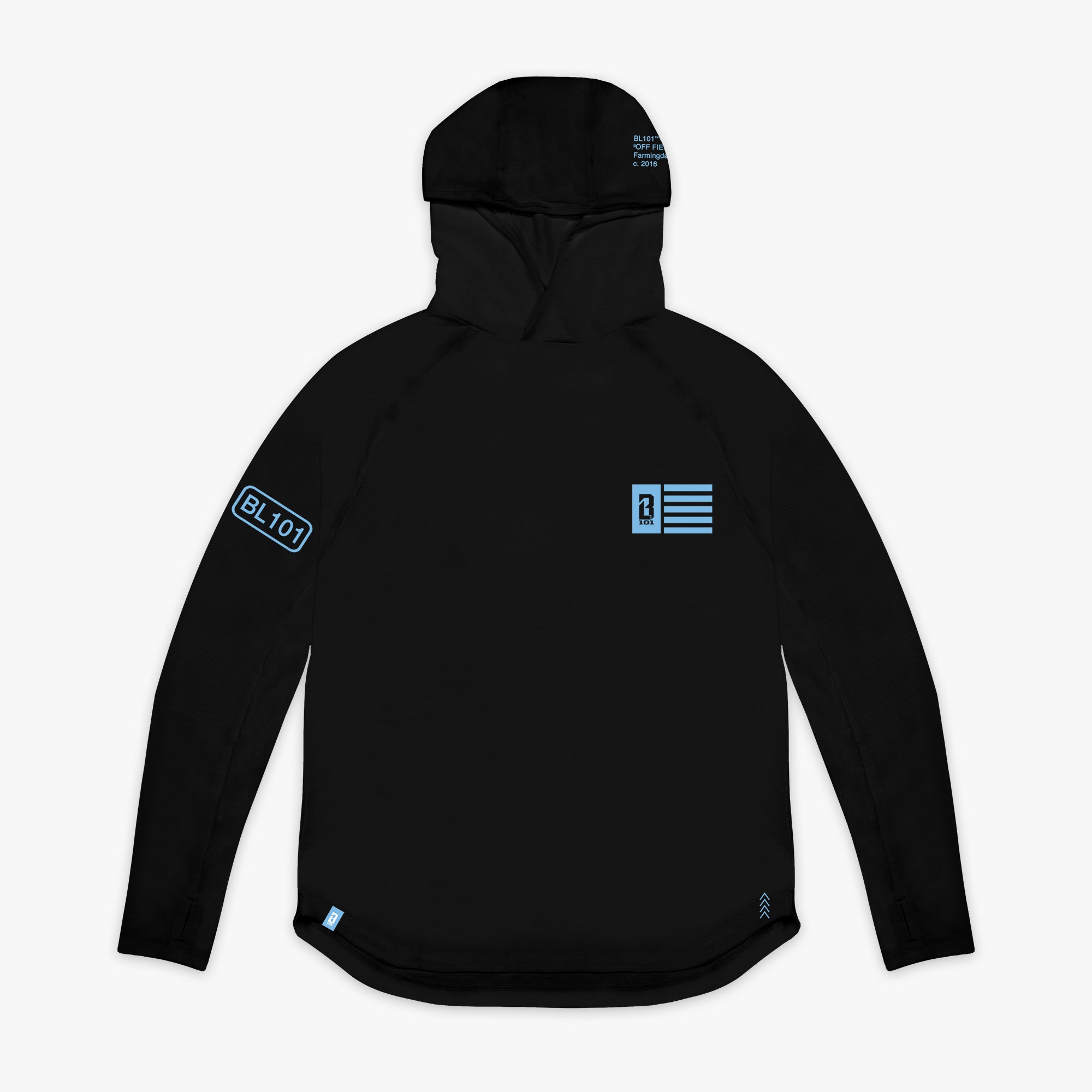 Black and light blue Off-Field youth hoodie — front view