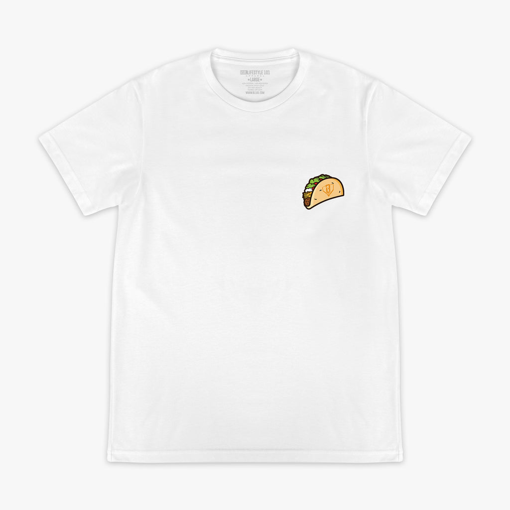 White t-shirt with a small taco graphic on a white background