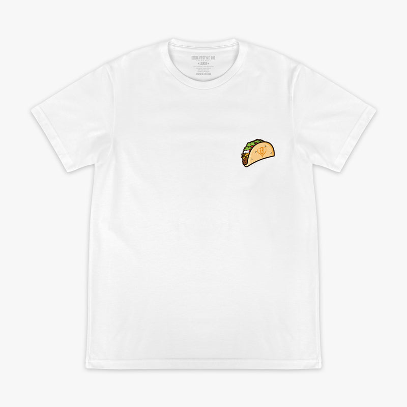 White t-shirt with a small taco graphic on a white background