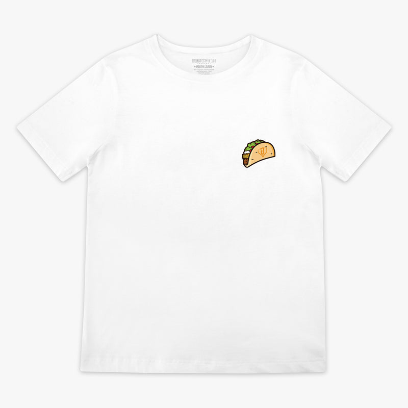 White t-shirt with a small taco graphic on a white background