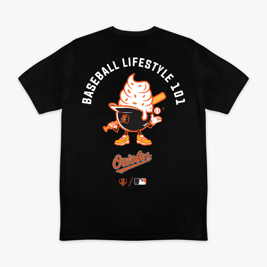 Black graphic tee with "Baltimore Orioles Ice Cream Cap" design - back view
