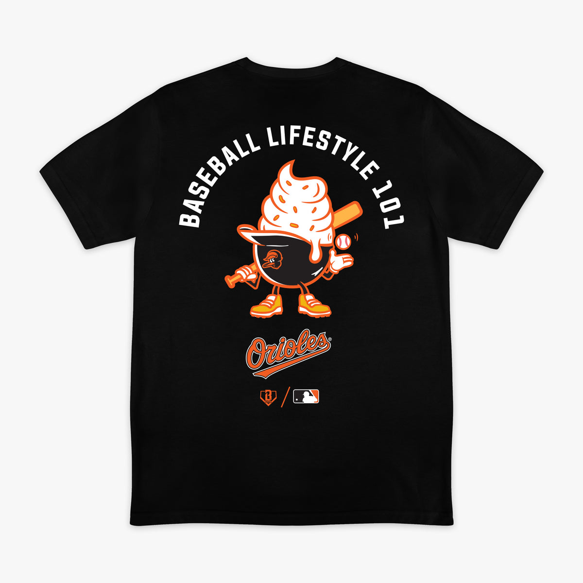 Black graphic tee with "Baltimore Orioles Ice Cream Cap" design - back view