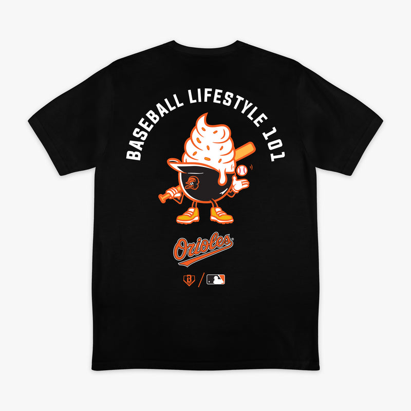Black graphic tee with "Baltimore Orioles Ice Cream Cap" design - back view