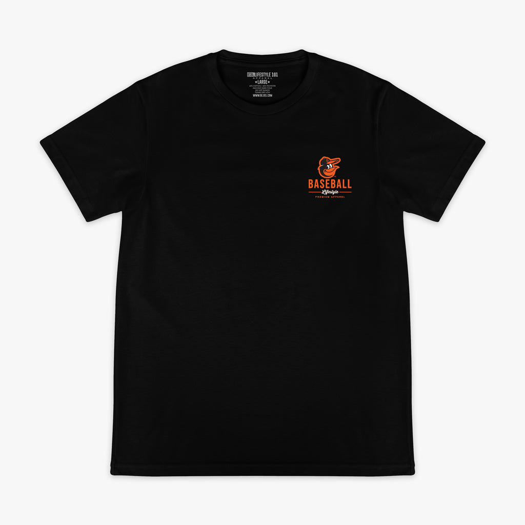 Black graphic tee with "Baltimore Orioles Ice Cream Cap" design - front view