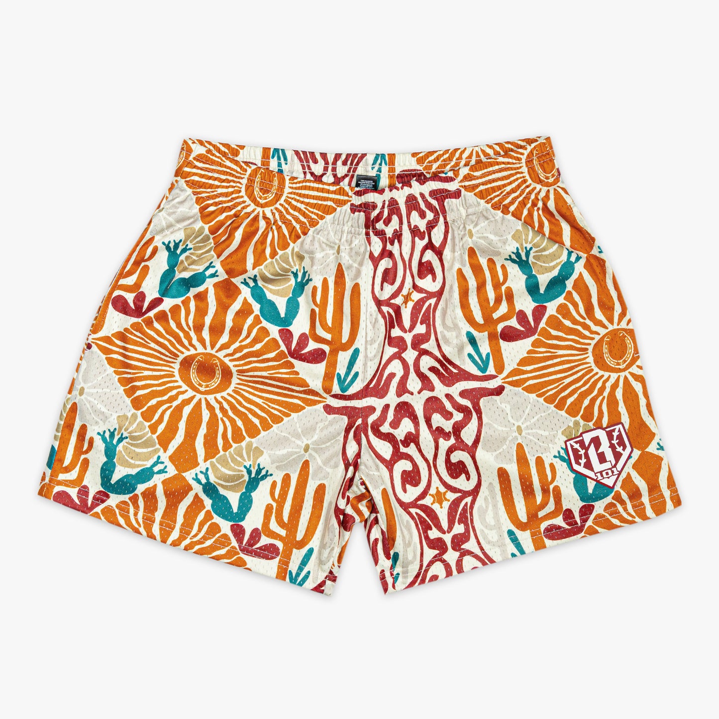 Colorful cactus patterned shorts on a white background
