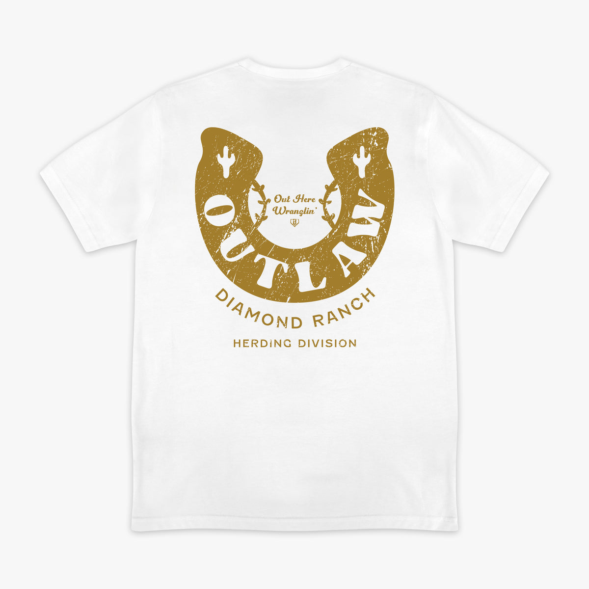 White t-shirt with gold horseshoe design and 'Outlaw Diamond Ranch' text on a white background