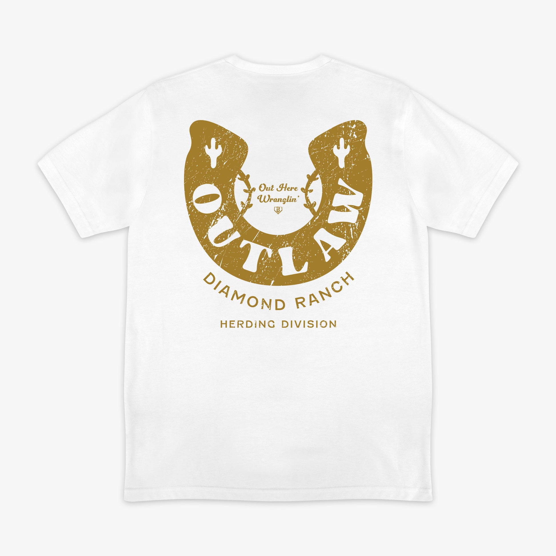 White t-shirt with gold horseshoe design and 'Outlaw Diamond Ranch' text on a white background