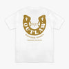 White t-shirt with gold horseshoe design and 'Outlaw Diamond Ranch' text on a white background