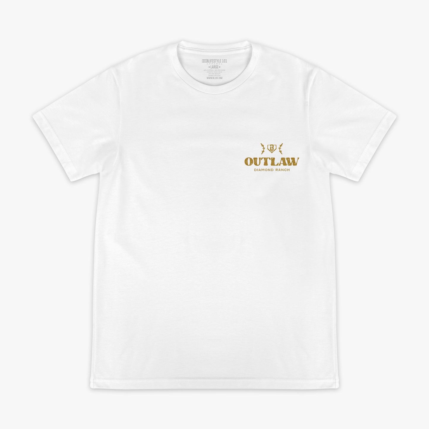 White t-shirt with gold BL101 logo and 'Outlaw' text on a white background