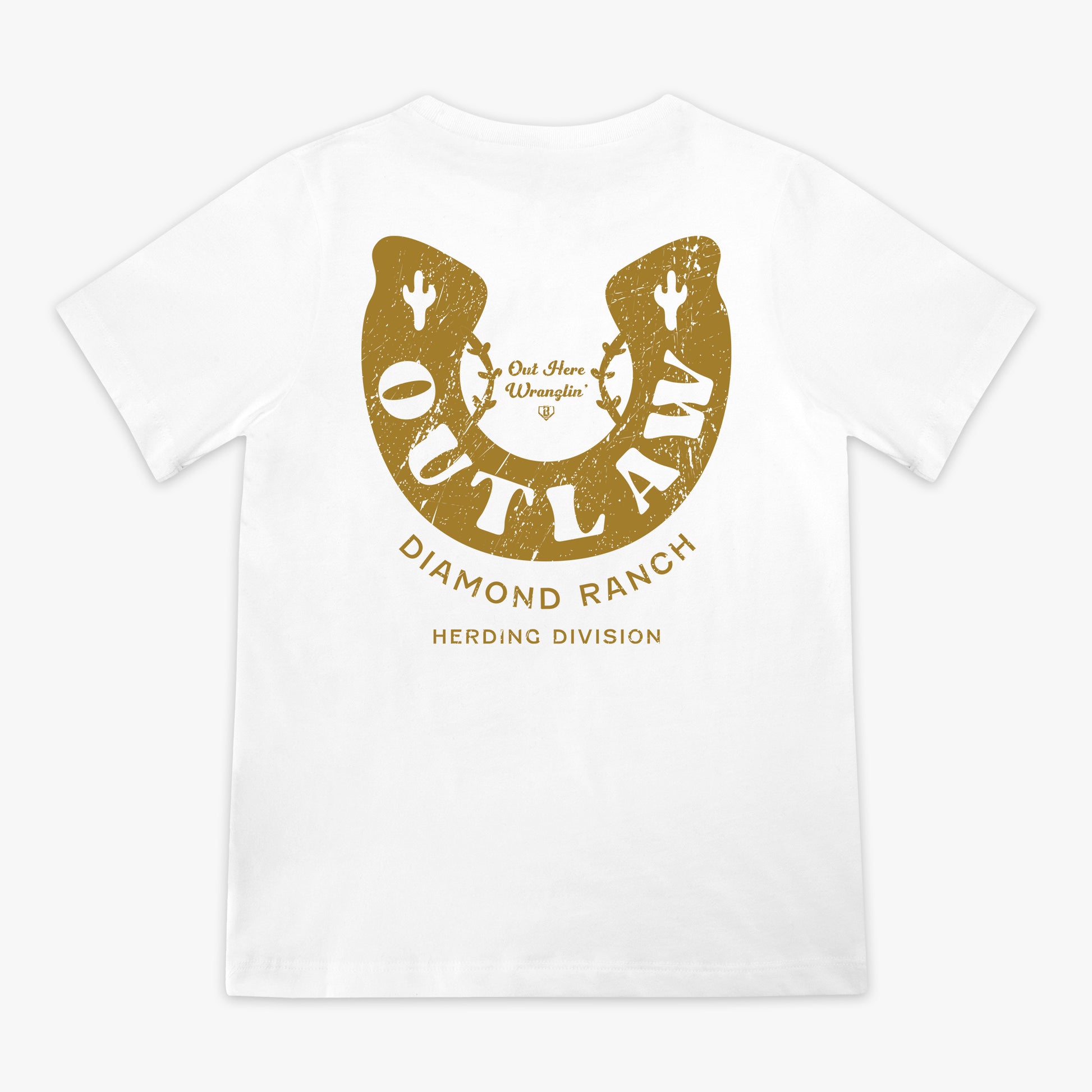 White t-shirt with gold horseshoe design and text on a white background