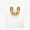 White t-shirt with gold horseshoe design and text on a white background
