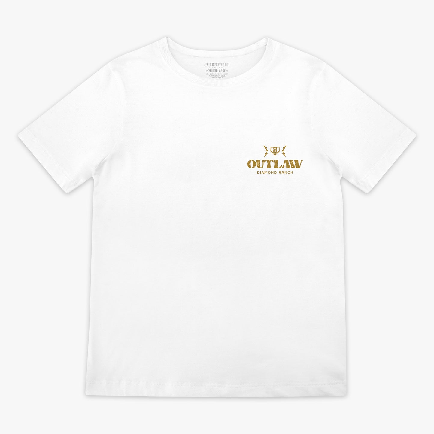 White t-shirt with gold 'Outlaw' logo on a white background
