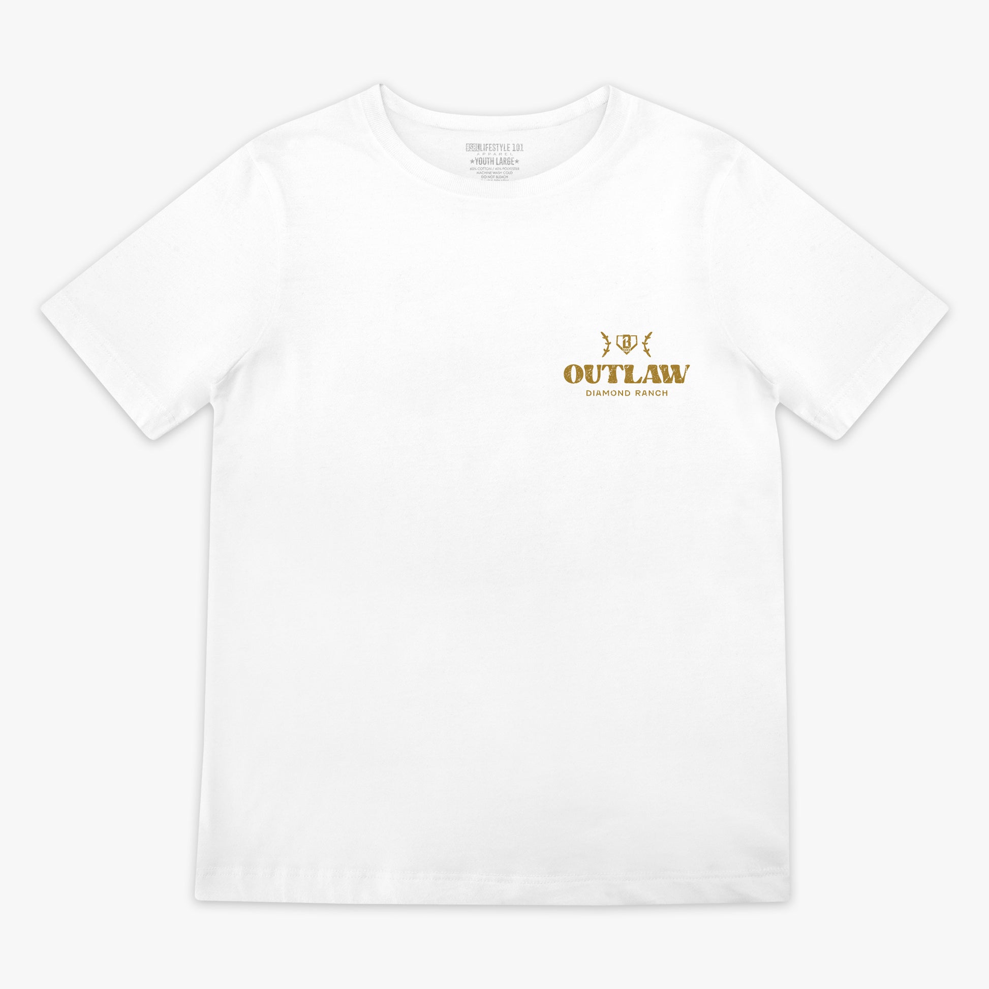 White t-shirt with gold 'Outlaw' logo on a white background