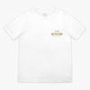 White t-shirt with gold 'Outlaw' logo on a white background