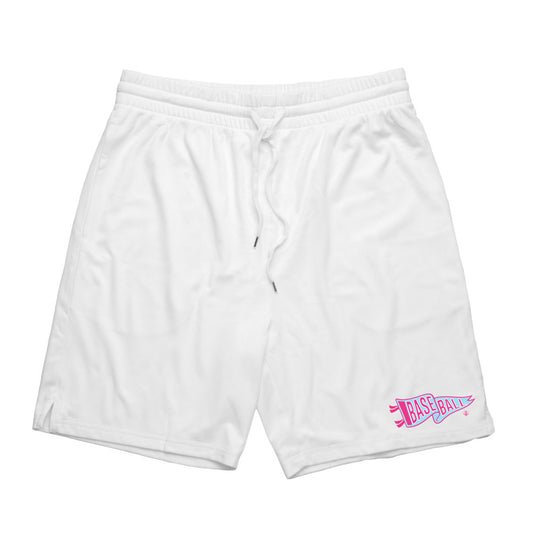 white baseball shorts, pennant baseball shorts