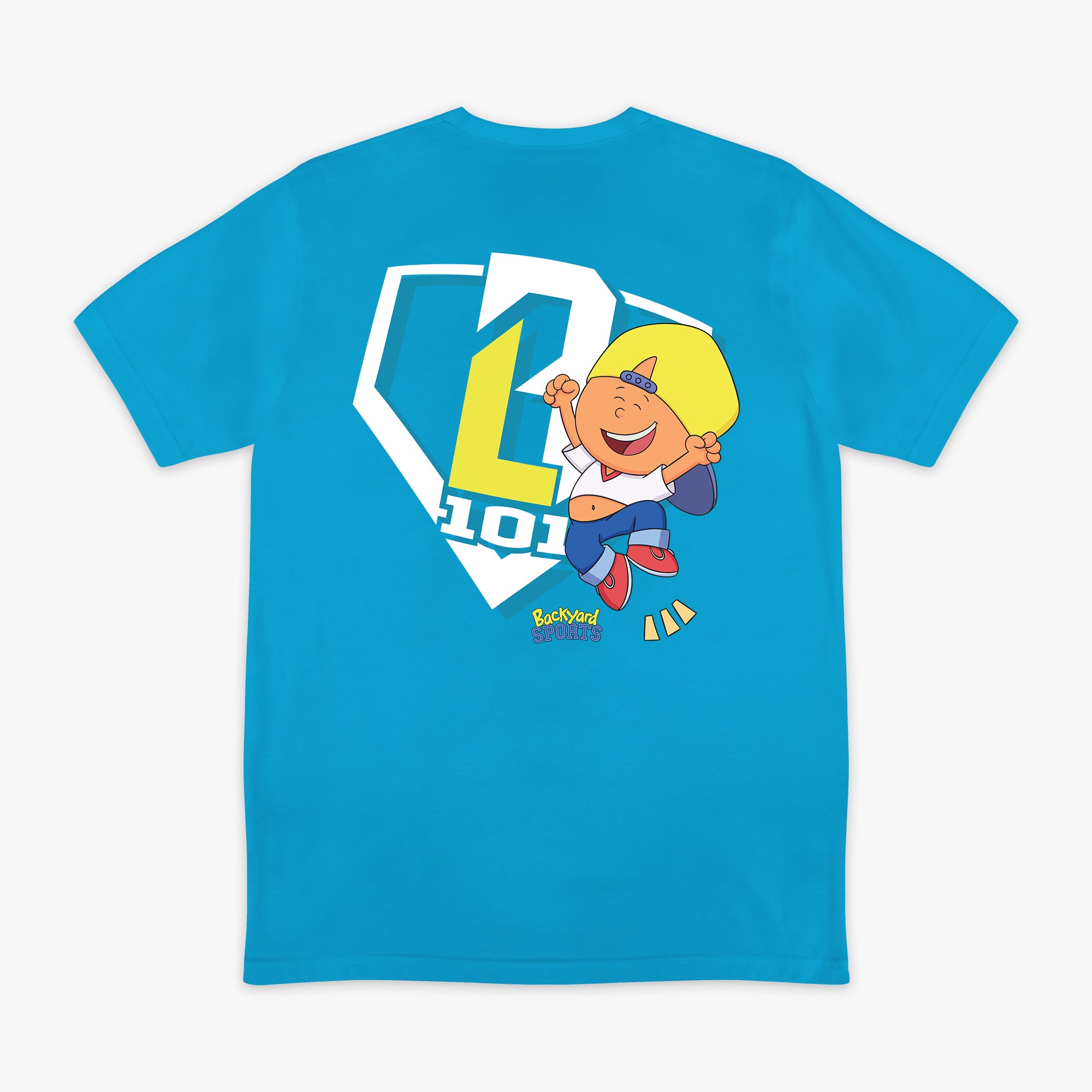 Blue t-shirt with a Pablo Sanchez cartoon design and 'BL101' logo on a white background