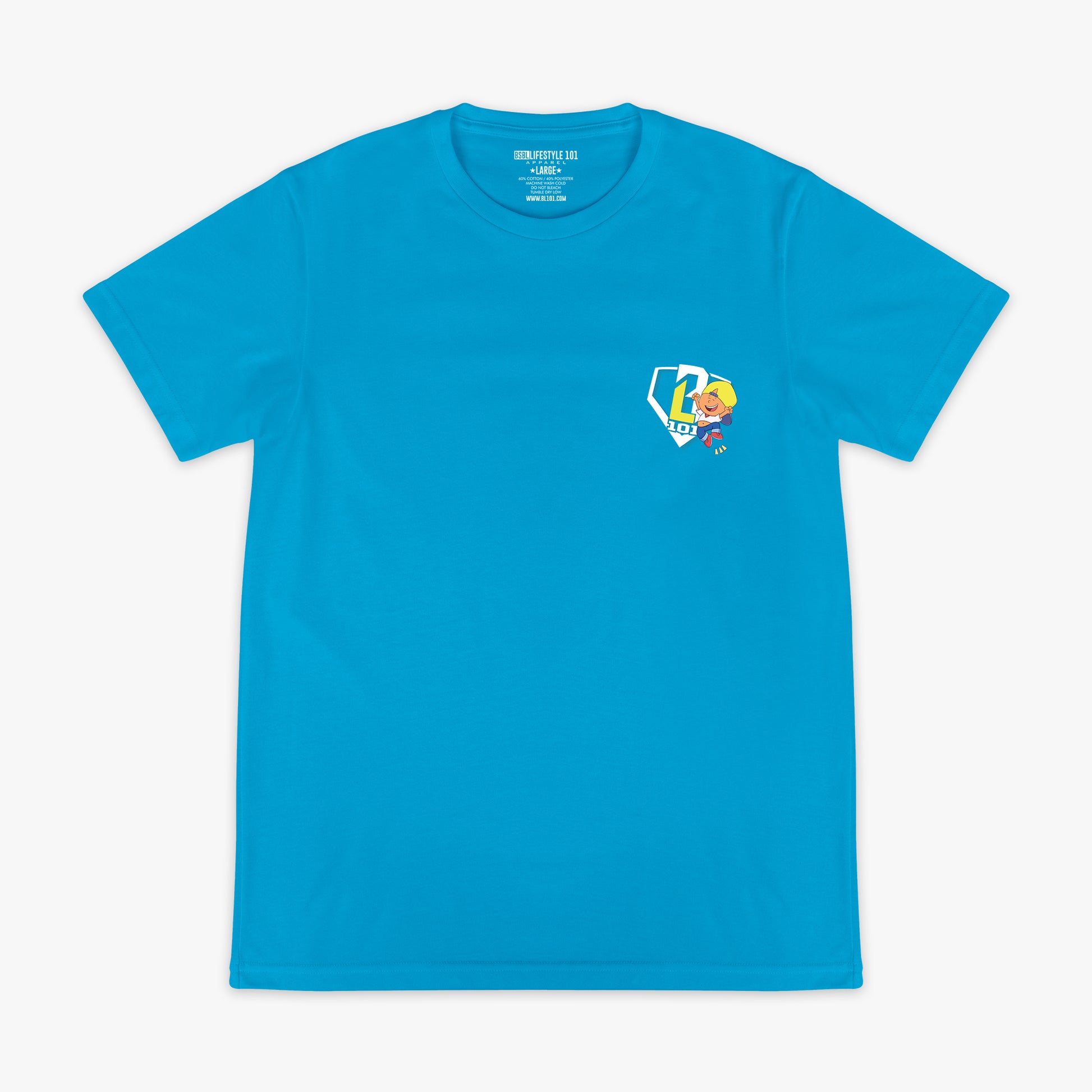 Blue t-shirt with a small BL101 logo on the chest against a white background