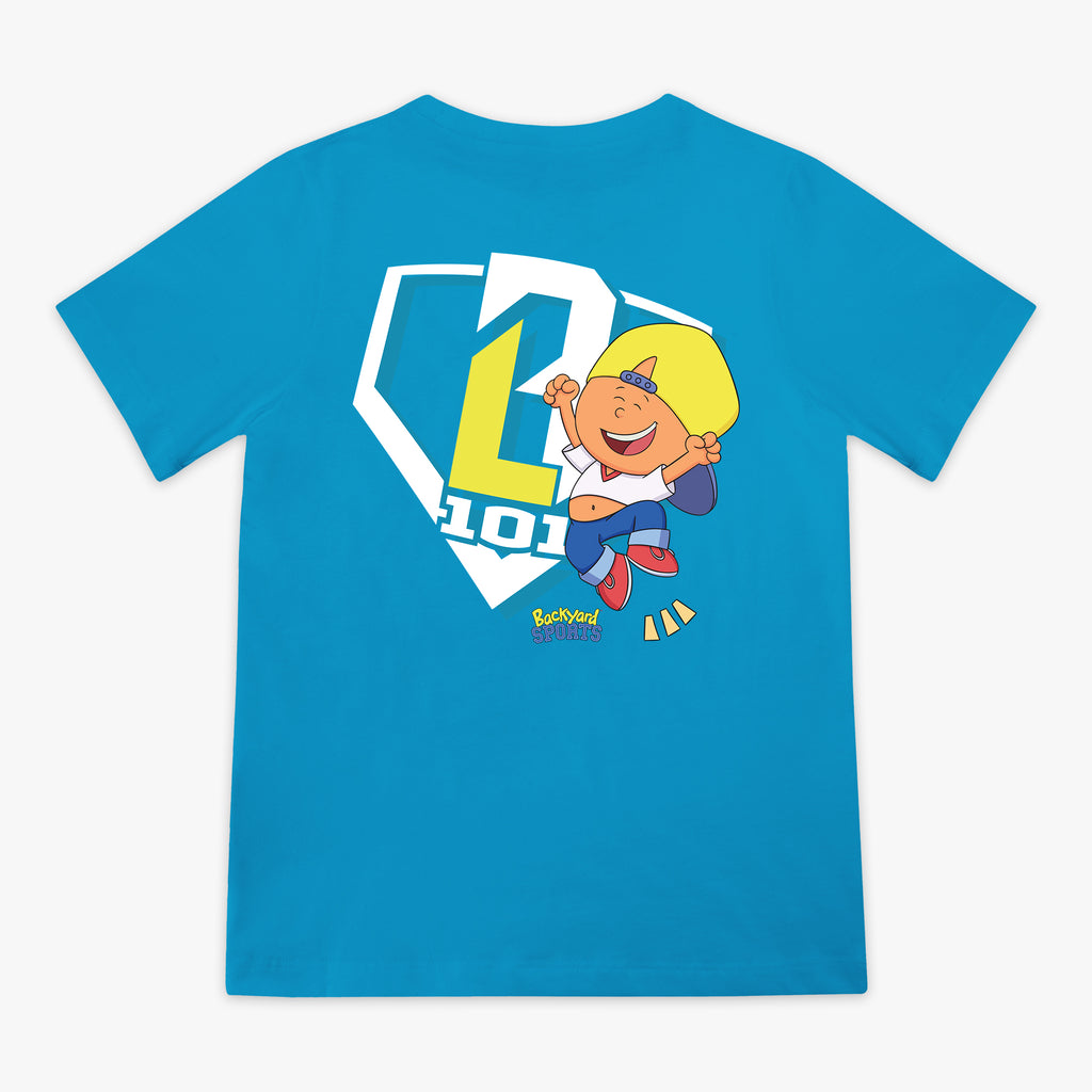 Blue t-shirt with a Pablo Sanchez cartoon design and 'BL101' logo on a white background