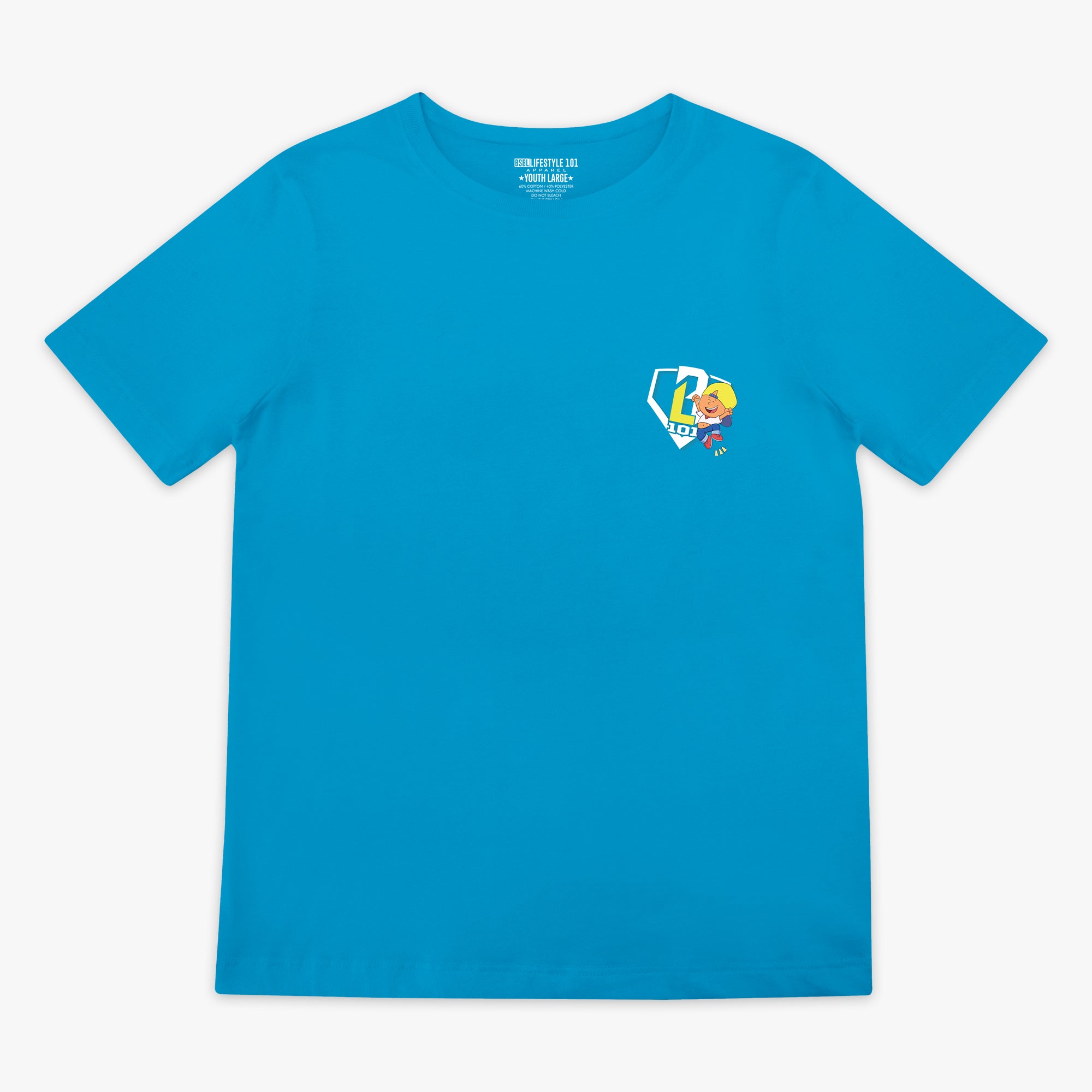 Blue t-shirt with a small BL101 logo on the chest against a white background