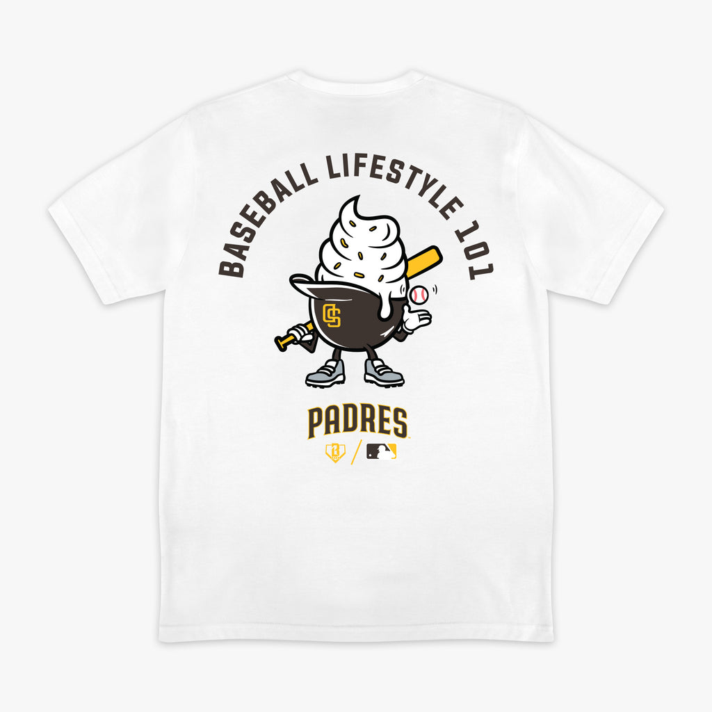 White graphic tee with "San Diego Padres Ice Cream Cap" design - back view
