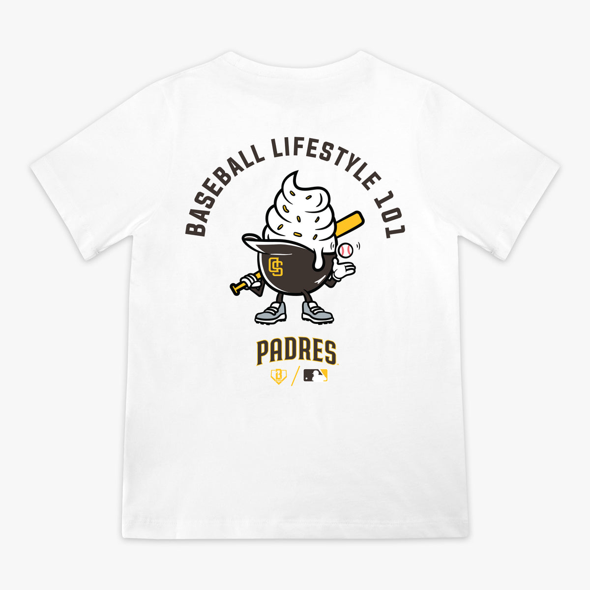 White youth graphic tee with "San Diego Padres Ice Cream Cap" design - back view
