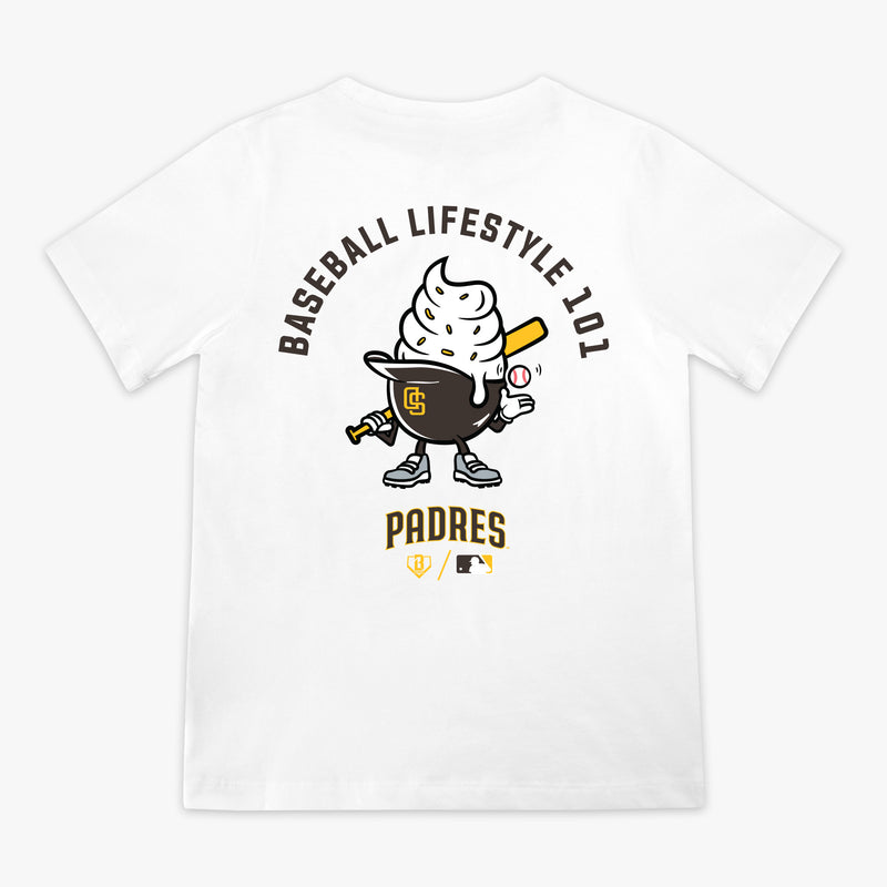 White youth graphic tee with "San Diego Padres Ice Cream Cap" design - back view
