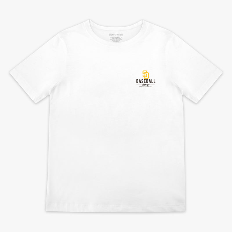 White youth graphic tee with "San Diego Padres Ice Cream Cap" design - front view