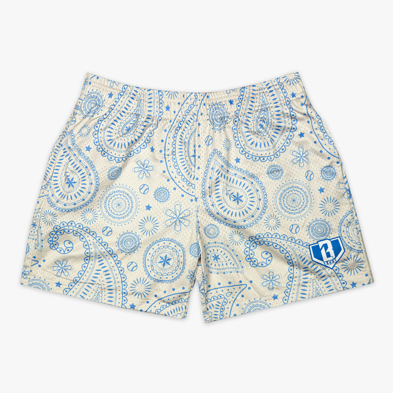 Bone and light blue Paisley youth shorts — front view