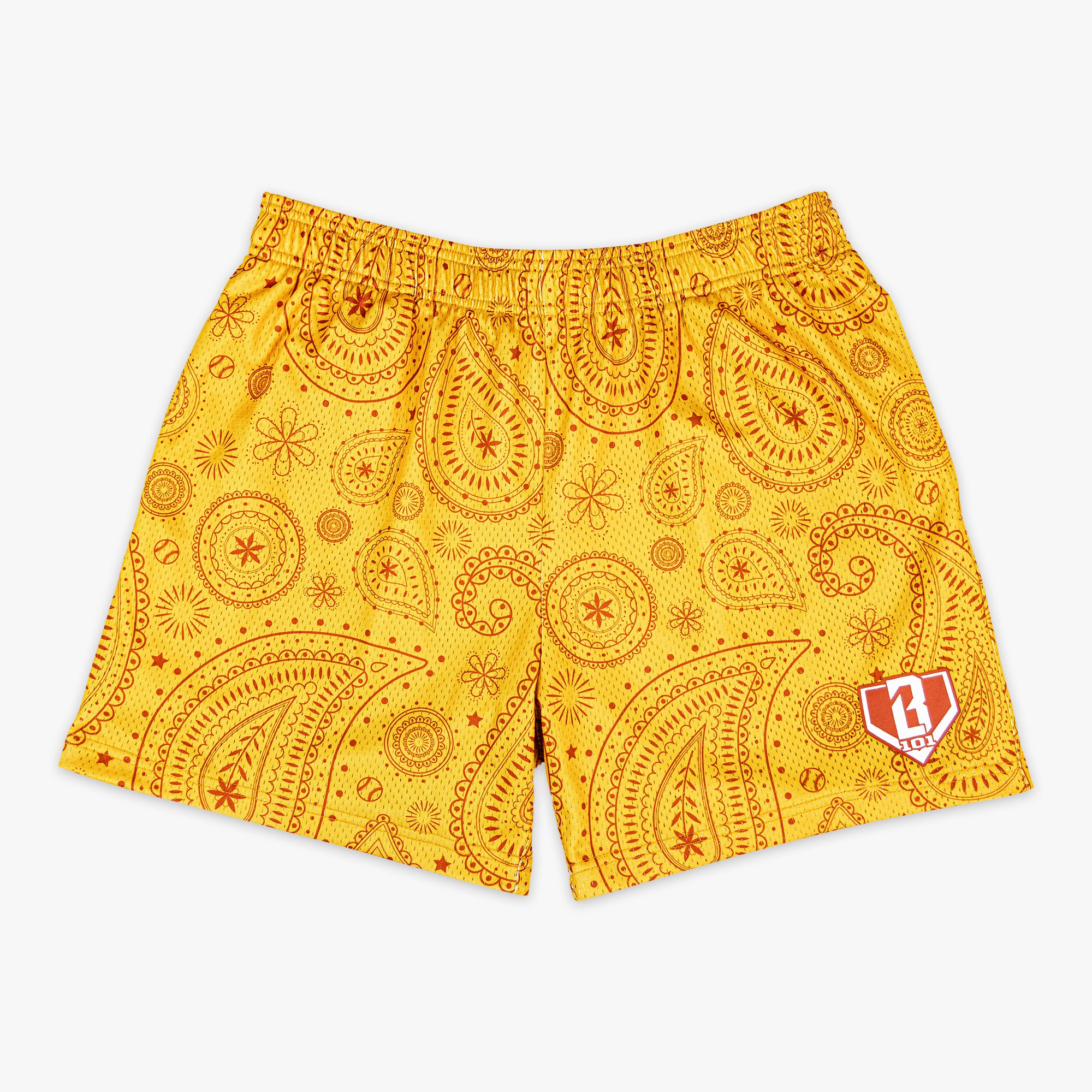 Orange Paisley youth shorts — front view
