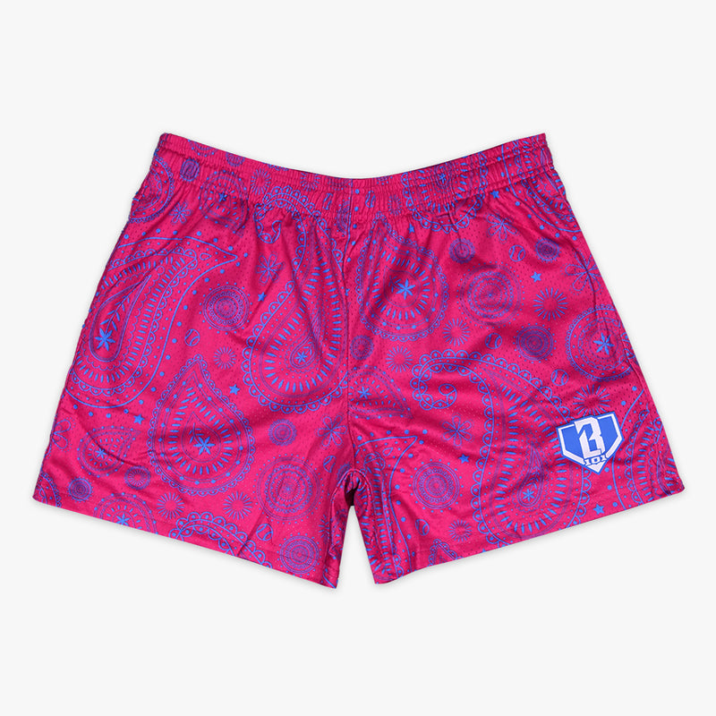 Pink and blue Paisley youth shorts — front view