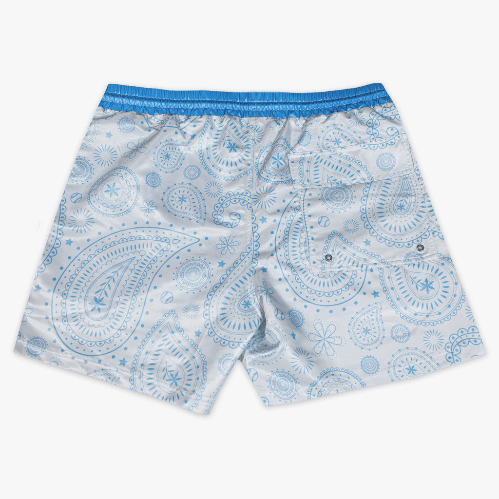 BL101 white and light blue baseball paisley swim shorts on a white background