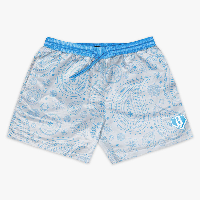 BL101 white and light blue baseball paisley swim shorts on a white background