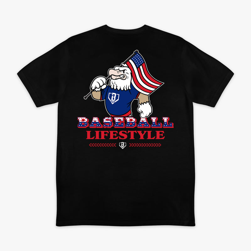 Black short sleeve tee with patriotic bald eagle holding American flag above Baseball Lifestyle text in red and star-fill lettering on white background