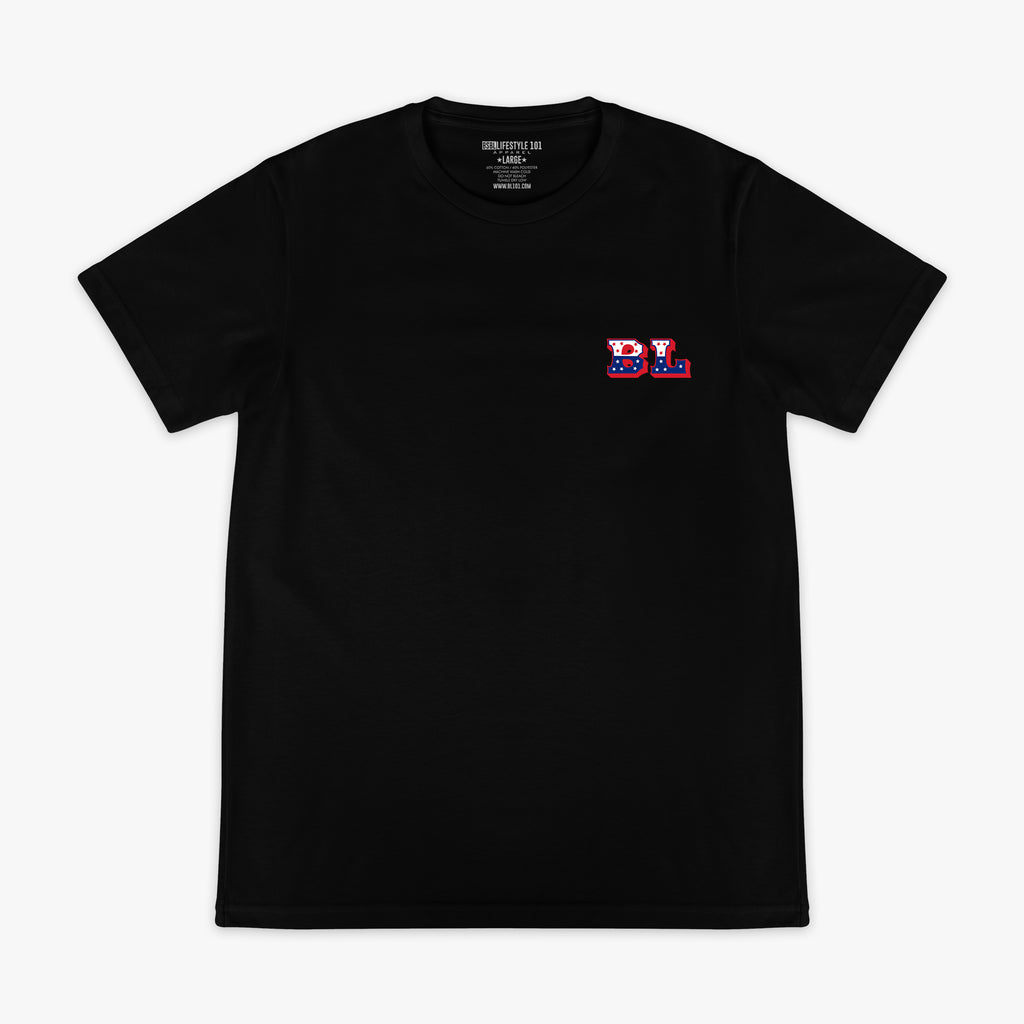 Black short sleeve tee with red white and blue star-filled BL collegiate logo graphic on left chest on white background