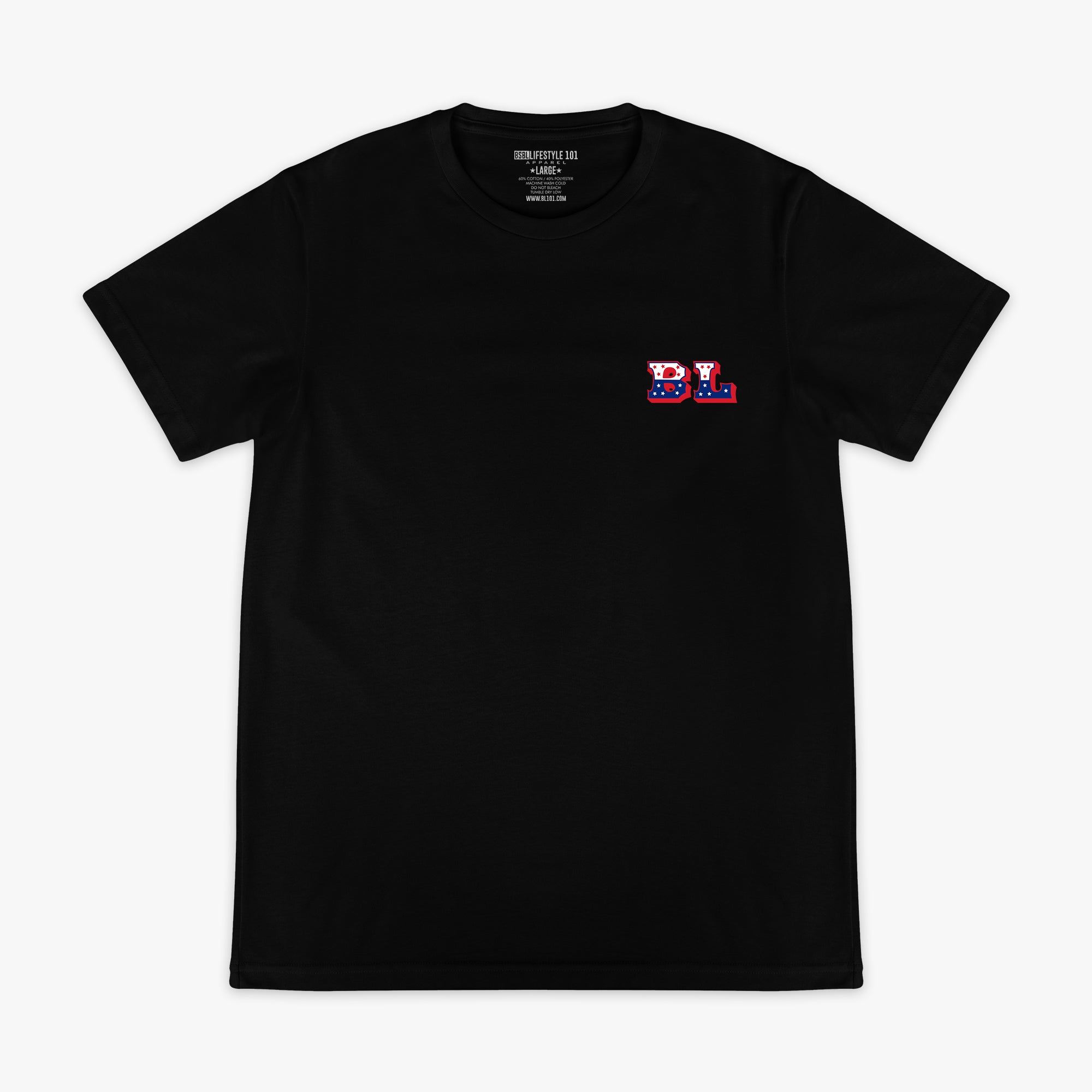  Black short sleeve tee with red white and blue star-filled BL collegiate logo graphic on left chest on white background