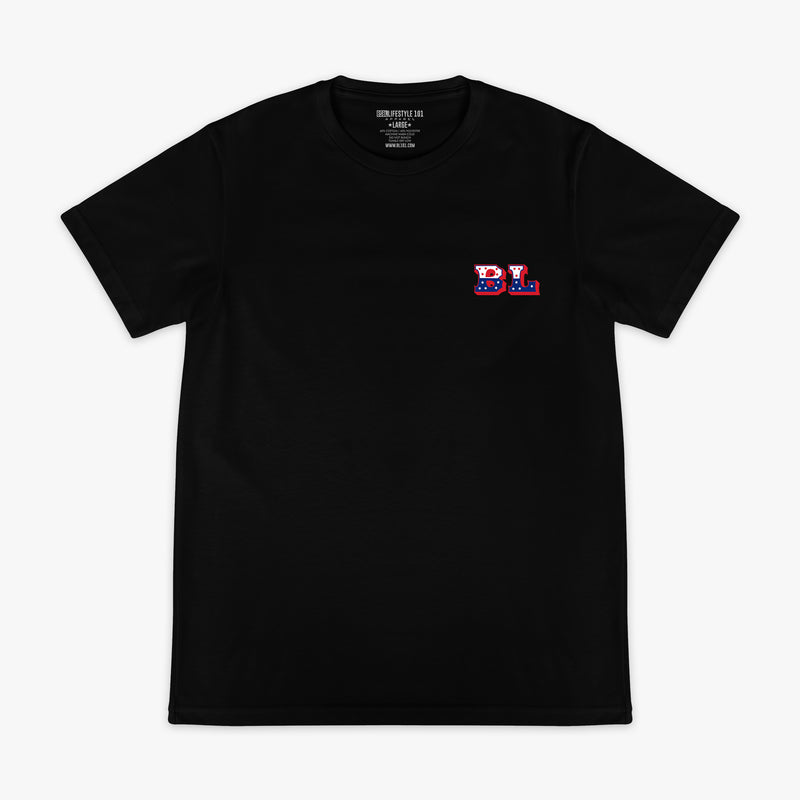  Black short sleeve tee with red white and blue star-filled BL collegiate logo graphic on left chest on white background